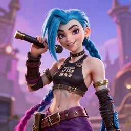 still of pretty Jinx  (League of Legends) in KDA music video. 3d render, octane render, game art, realistic, highly detailed, trending on artstation, 4k, trending on artstation, pixar, cgsociety, unreal engine 5, redshift render, trending on artstation, blender, behance, cg