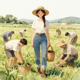 concept art of a farmers in a field, young woman,, artstation trending, watercolor