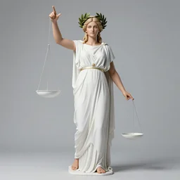 a full body portrait of themis the greek goddess of balance and vengeance, wearing ancient greek white paper tunic and laurel wreath, extremely beautiful, young and slender, carrying a balance scale, by artgerm and greg rutkowski and alphonse mucha, radiant light, detailed and intricate environment, symmetrical composition