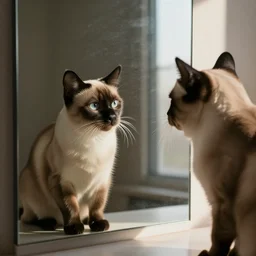 photo of a Siamese cat staring at the mirror