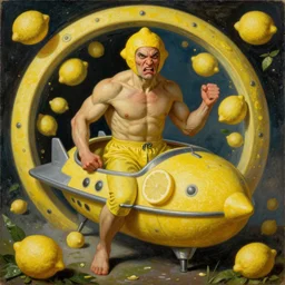 renaissance grotesque full body portrait painting of angry crossfit lemon in a lemon themed spaceship going to a lemon portal, superior, character redesign by lee bermejo and greg rutkowski and alphonse mucha