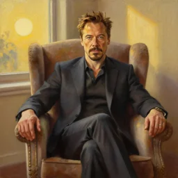 detailed oil painting of tony stark sitting in an armchair in a room with the setting sun, by jama jurabaev, golden hour
