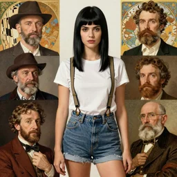 a woman with black hair and long pixie haircut in shorts with suspenders and white t-shirt drawn by Paolo Hayez, norman rockwell, frank frazetta, alphonso azpiri, maler collier, peter paul rubens, alphonse mucha, gustav klimt 4k, unreal 5, DAZ, french noveau, trending on artstation, octane render, hyperrealistic