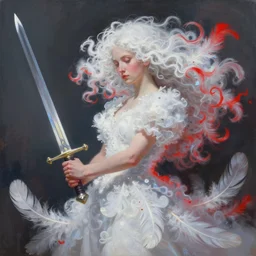 a painting of a woman who made of curly white and transparent feathers cloud with red edges is holding a sword, a digital painting by peter mohrbacher, trending on artstation, metaphysical painting, speedpainting, made of feathers, digital painting, holographic undertones, highly saturated colors, 4 k, digital art, concept art, trending on artstation