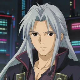 anime fine details portrait of Sephiroth in front of cyberpunk moder city landscape on the background deep bokeh, close-up view, anime masterpiece by Studio Ghibli. 8k, sharp high quality anime, artstation
