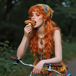 psychedelic beautiful woman on a bicycle eating a mushroom