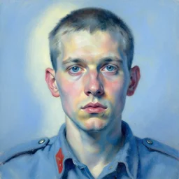 portrait of a soviet prisoner, intimate, pastel blue colors, beautiful face, rule of thirds, spotlight, drips of paint, expressive, passionate, by greg rutkowski, by jeremy mann, by francoise nielly, very detailed, hyperrealistic, peter doig