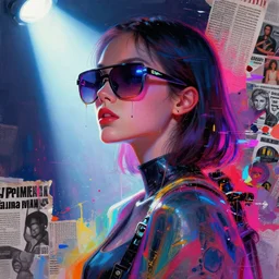 a beautiful cyberpunk girl wearing huge sunglasses with neon reflections, side portrait, passionate, spotlight, paint drips, textiles, glitching paint splatter, vibrant colors, dramatic, brush strokes, collage, magazine clipping, futuristic clothing, digital painting, by marco paludet, by jeremy mann, by hannah hoch