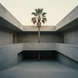 noisy color photograph of a concrete underground retrofuturist liminal space, sky made of concrete, staggered terraces, centered palm tree growing out of concrete, hidden area, unknown space, minimalist,  cinematic, soft vintage glow