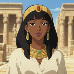 A anime still of a portrait of a black woman with ancient egypt ruins as background