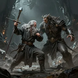gandalf fighting the balrog in the mines of moria, vivid concept art by john howe, alan lee, ted nasmith, paul raymond gregory, inger edelfeldt, tim kirk, angus mcbride, jenny dolfen, high fantasy, trending on artstation