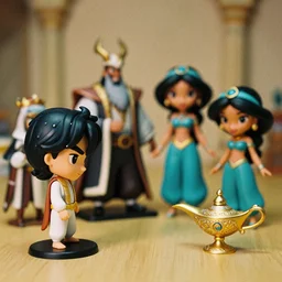 side view of young aladdin, jaffar the sorcerer, jasmine the princess, and the genious of the lamp as nendoroid, 8 k hd dof, kodak film,