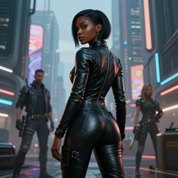 a beautiful Black woman wearing a leather catsuit, standing with her back to us, in a futuristic blade runner city, unreal engine, art by Artgerm and greg rutkowski and alphonse mucha, 8K