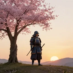 samurai in armor standing on a hill at sunset, a cherry blossom tree is next to the samurai