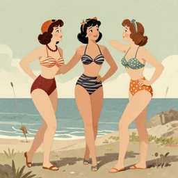 (((((1950s three adventure bikini girls playing together character illustration. muted colors.))))) by Jean-Baptiste Monge !!!!!!!!!!!!!!!!!!!!!!!!!!!