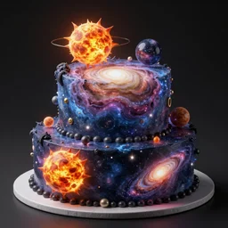 a birthday cake made of galaxies, nebulas and suns, art by artgerm and greg rutkowski and alphonse mucha, concept art, octane render, unreal engine 5, highly detailed, high quality, 8 k, soft lighting,
