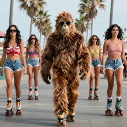cinematography of bigfoot wearing sunglasses walking down the Venice beach boardwalk surrounded by beautiful women on rollerblades by Emmanuel Lubezki