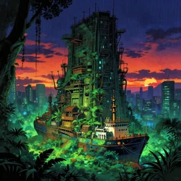 a beautiful detailed anime illustration of shipyard nature architecture by banksy, cgsociety at night tron nightsky at dusk dramatic lighting rainforest darkacademia uv light forest magic realism thermal imaging cyberpunk sunlight sunset vice city biopunk fantasy, archdaily, wallpaper, highly detailed, trending on artstation.