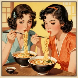 2 beautiful women eating a bowl of ramen, 1920s poster art