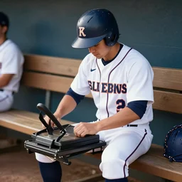 a heat press wearing a baseball jersey sitting the bench on a baseball team, octane render, hyperrealistic, photorealism