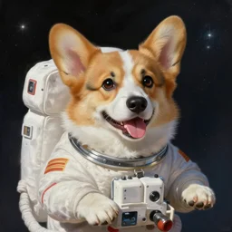 a happy corgi puppy astronaut in space, detailed digital painting by simon stalenhag