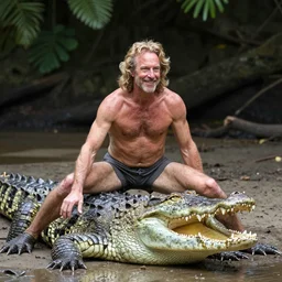 shirtless steve irwin inside the mouth of a crocodile doing the splits