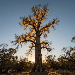 a majestic dead tree with golden light around its edges