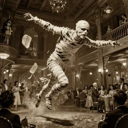 action scene sepia painting of an undead flying mummy, in a 1 9 2 0 s warping hotel ballroom, with wrappings with nabeatean writing floating around it, h. p. lovecraft, atmospheric lighting, brooding, painted, intricate, ultra detailed, well composed, best on artstation, cgsociety, epic, horror, stunning, gorgeous, intricate detail, much wow, masterpiece, cinematic aesthetic octane render, 8 k hd resolution,