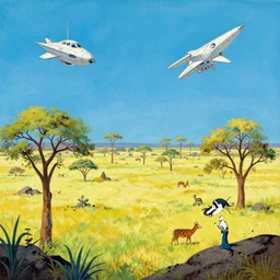 Okavango Delta landscape in the style of Dr. Seuss, starships, painting by Ralph McQuarrie