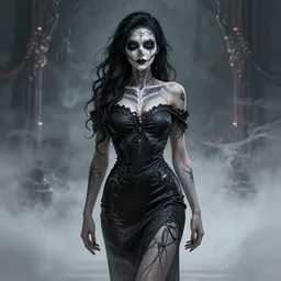 ultra realist and ultra intricate detailed character concept art of a beautiful flirt muerte girl in a curvy long dress facing camera, symmetry features, sensual style, volumetric light and fog,  fantasy background, artstation, Tom Bagshaw artstyle