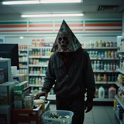 Pyramid Head!!!, silent hill!!!,  working at a convenience store, cinematic, gloomy, horror, cinestill 400t film