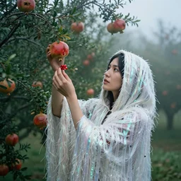 a closeup portrait of a woman wearing a cloak made of iridescent twine and ribbon, picking pomegranates from a tree in an orchard, foggy, moody, photograph, by vincent desiderio, canon eos c 3 0 0, ƒ 1. 8, 3 5 mm, 8 k, medium - format print