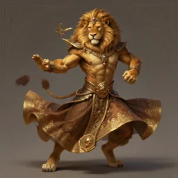 full body photograph of a male anthropomorphic lion man fursona arabian dancer, dancing, deep focus, intricate, elegant, highly detailed, digital painting, artstation, concept art, matte, sharp focus, illustration, d & d, fantasy, hearthstone, art by artgerm and greg rutkowski and alphonse mucha
