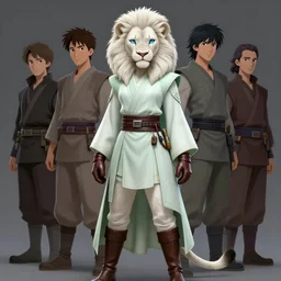 beautiful portrait of a female anthropomorphic pale lioness fursona wearing pale - white and pale - green jedi robes. leather gloves. leather boots. character design by charlie bowater, ross tran, artgerm, and makoto shinkai, detailed, soft lighting, rendered in octane