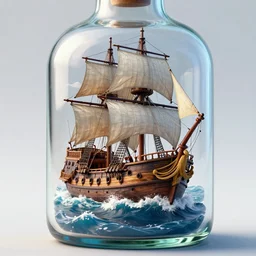 pirate ship on rough ocean windy scene contained within a glass bottle, high detail, photorealism, colorful, ray tracing, sharp detail, intricate