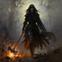 A woman walking towards us. She is cloaked in darkness, siilloeted. The woman's eyes glow white. The woman is dragging a long nordic axe in her right hand. the long nordic giant axe is sparking along the ground making orange embers. The woman is being backlit by the embers coming off of the axe. The woman wears a skirt made out of feathers. Fantasy, oil on canvas