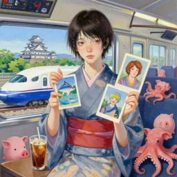 tall emo female artist holding small portraits and fish on a train, wearing a kimono, on shinkansen in japan, odawara station, odawara castle, summer, sweat, ice coffee, pigs, octopus, acrylic on canvas, surrealist, by magritte and monet