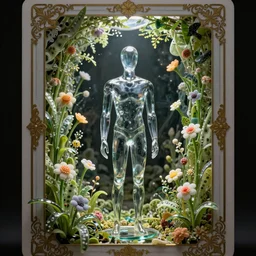 a mannequin sculpted out of glass, a portal to a new world with flowering polka dot plants, 8k, tarot card with ornate border frame, trending on Artstation, 8k, photorealistic, hyper detailed, unreal engine 5, IMAX quality, cinematic, epic lighting, in the style of Greg Rutkowski