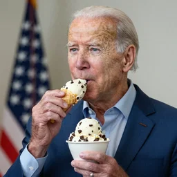 Joe Biden staring off into the distance while eating chocolate chip ice cream