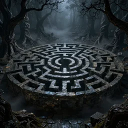 dark labyrinth maze of gnarled stone and black trees, mist, night, volumetric lighting, 8 k octane beautifully detailed render, post - processing, extremely hyper - detailed, intricate, epic composition, intricate, trending on artstation, stunning art by caravaggio, wonderful masterpiece by frazetta