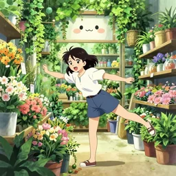 anime visual of a woman shopping in a florist's store interior with lush overgrowth, ivy, foliage, flowers, cute face by ilya kuvshinov, kyoani, artgerm, krenz cushart,, hiroaki samura, yoshinari yoh, wlop, katsuhiro otomo, loish, dynamic pose, cel shaded, anime poster