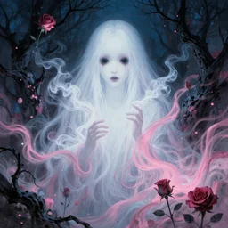 a beautiful terrifying ghost portrait black eyes smoke twisted trees rose blackpink, floating cloth whirlpool, sorayama ethereal horror fantasy art blue, pink, white hues by karol bak raymond swanland, gaston bussiere craig mullins alphonse mucha basil gogos, monet, ruan jia, by wlop, moebius syd mead roger dean yoshitaka amano