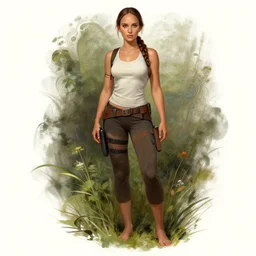 ultra realistic entire body illustration, young natalie portman as lara croft in nature, bare feat, brown hair, intricate, elegant, highly detailed, digital painting, artstation, concept art, smooth, sharp focus, illustration, art by artgerm and greg rutkowski and alphonse mucha