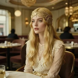 cinestill 5 0 d wide portrait of a dreamy dystopian beautiful woman by annie liebovitz sitting in a art deco cafeteria, long hair, wearing art deco lace, elegant, highly detailed, pale gold matt, 1 5 0 mm, artstation, sharp focus, head in focus