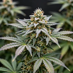 iridescent marijuana plants right at harvest time, large frosty buds and leaves, extremely detailed, photorealistic 8 k resolution