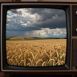 old television with broken screen showing field
