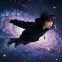 boy dressed a black hoodie, flying in galaxy, lo-fi style, digital art, trending on ArtStation, detalied, high quality,