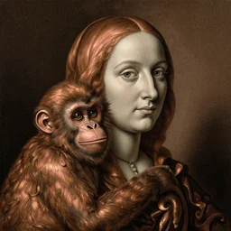 portrait of a woman with monkey. copper engraving by albrecht durer, walton ford