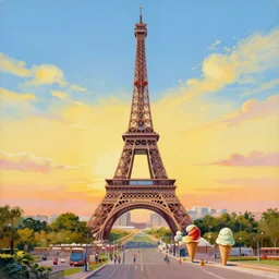 a funny painting of the eiffel tower in paris made of scoops of ice cream in different colors on a very sunny bright summer sunset day in the style of james jean and fernando botero