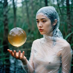 a closeup portrait of a woman wrapped in plastic, standing next to a levitating onyx orb, in a swamp, color photograph, by vincent desiderio, canon eos c 3 0 0, ƒ 1. 8, 3 5 mm, 8 k, medium - format print